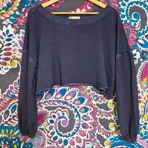 ANTHROPOLOGIE Vintage Look Cropped Oversized Navy Blue Sweatshirt Raw Hem Large